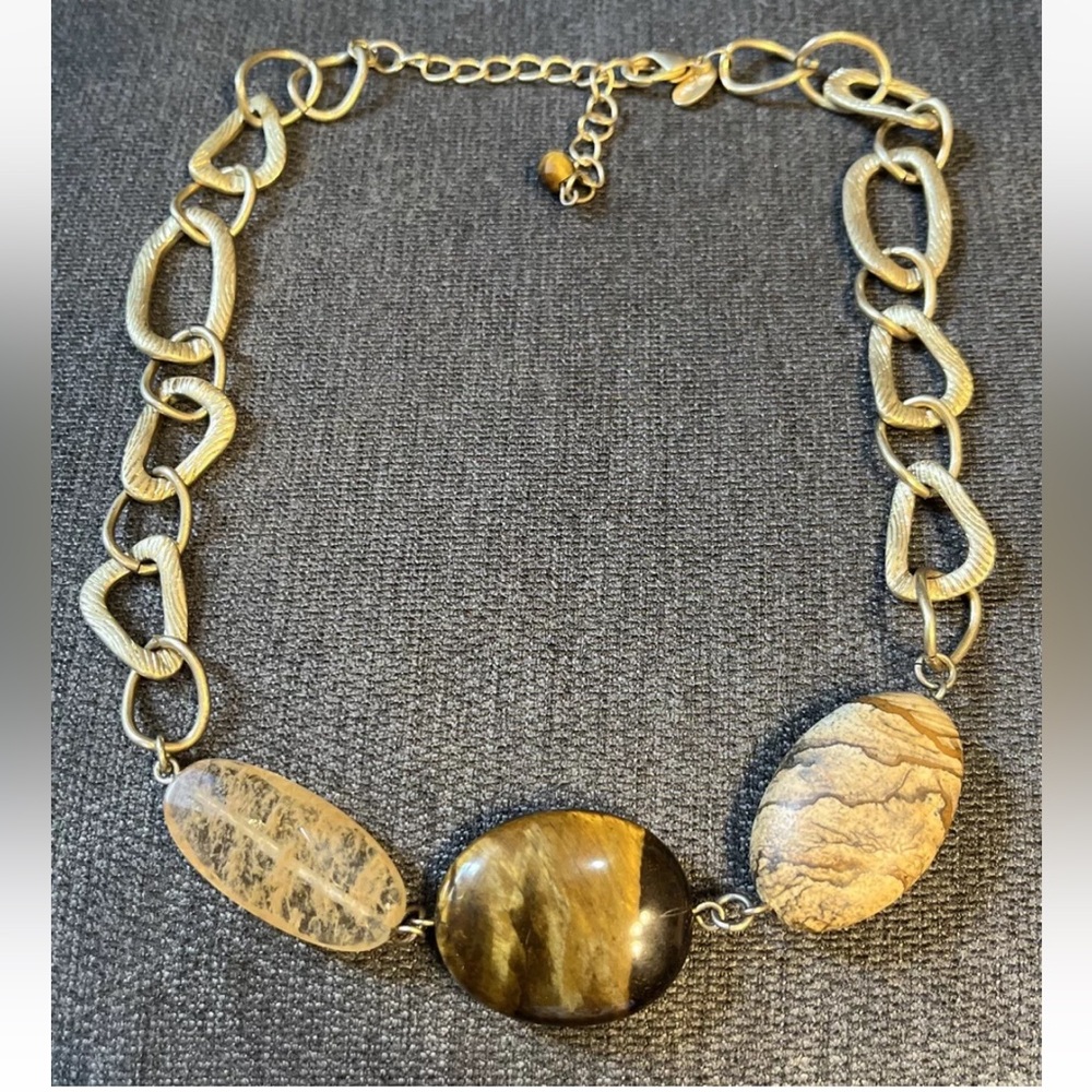 LIA SOPHIA Three Stone Gold Tone Tiger Eye, Jasper And Agate Necklace 15-19”